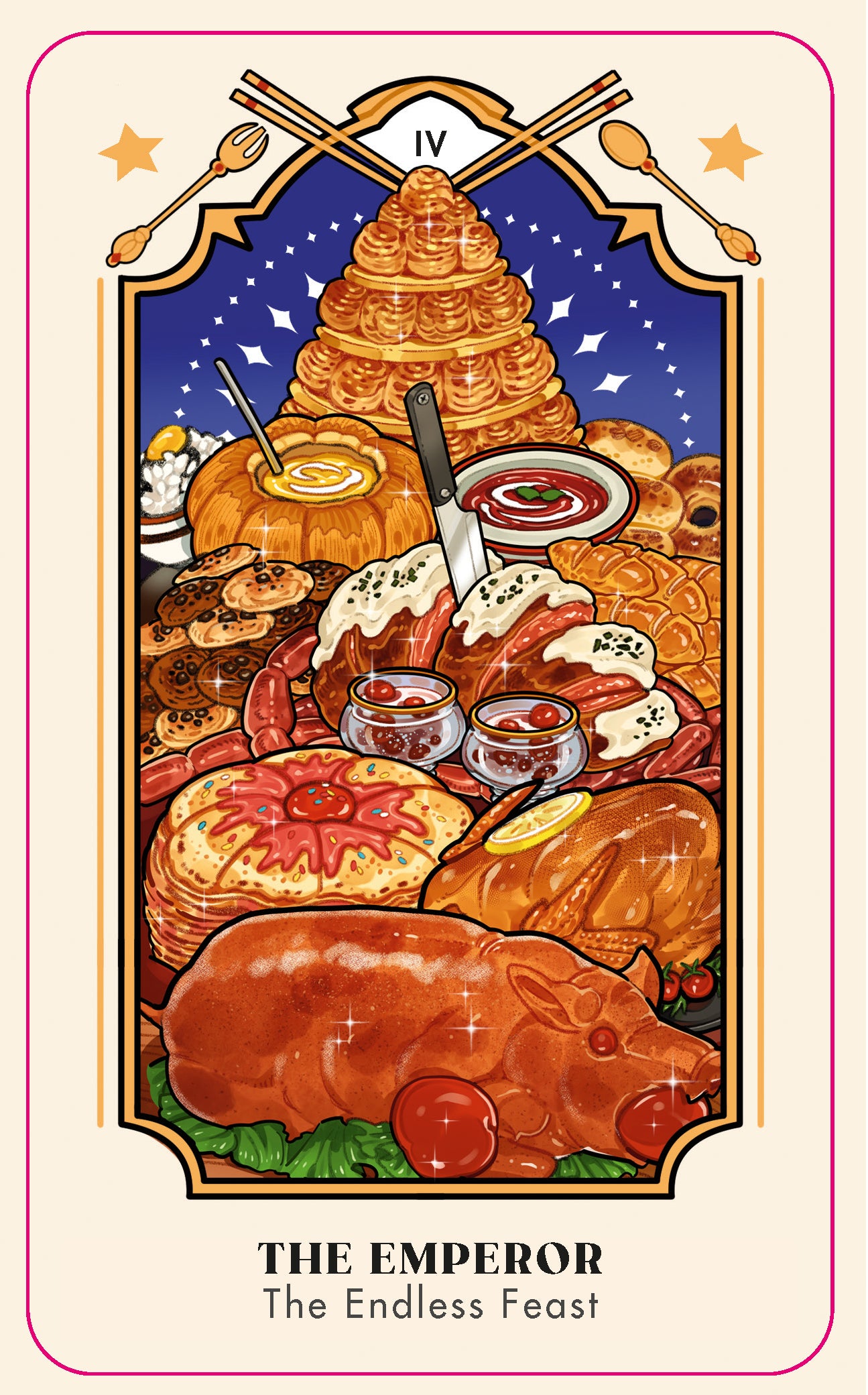Card titled 'The Emperor' with a feast scene and food items on a starry night background.