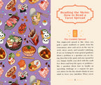 Illustrated menu with food items on a purple background and text about reading a tarot spread.