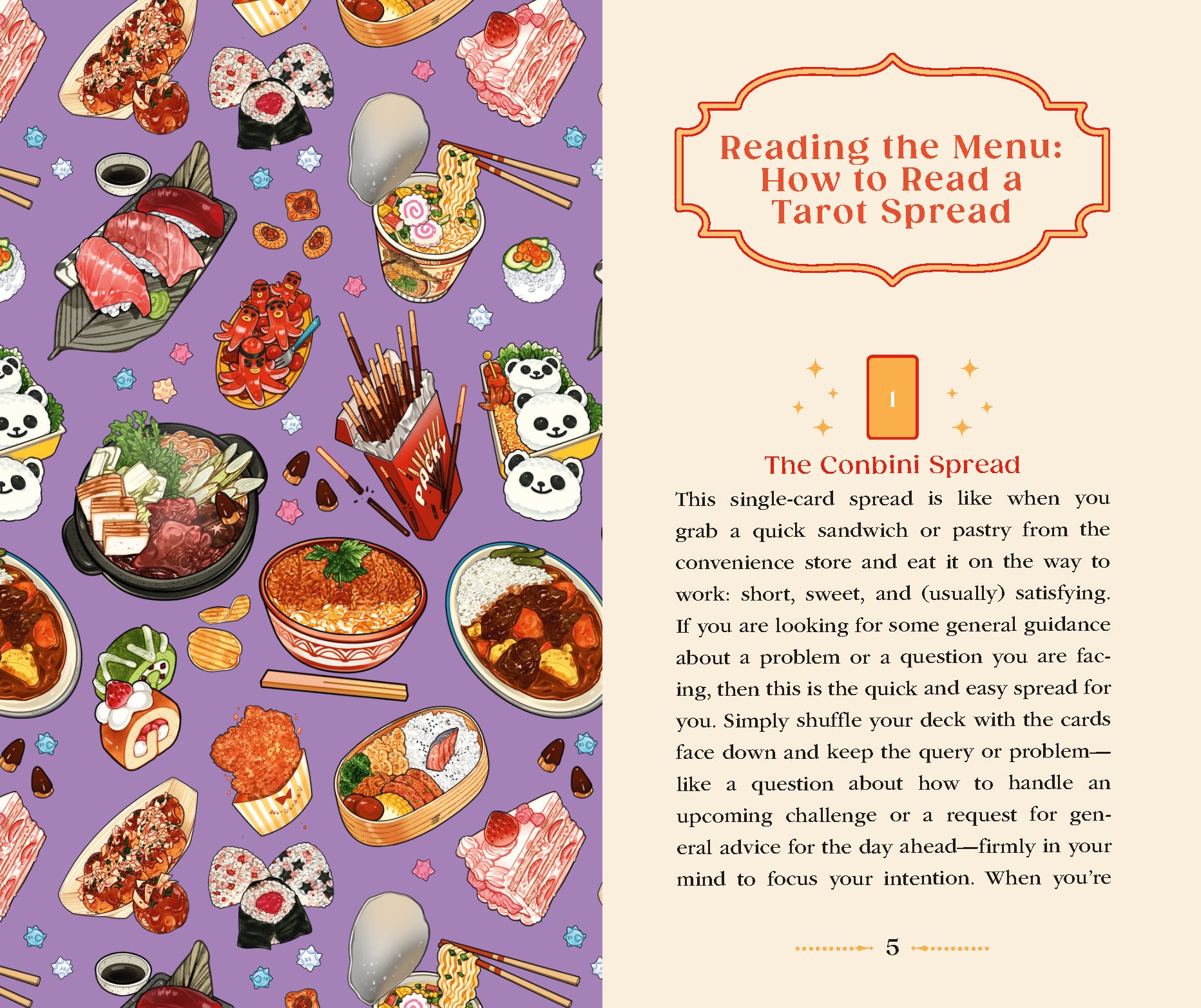 Illustrated menu with food items on a purple background and text about reading a tarot spread.