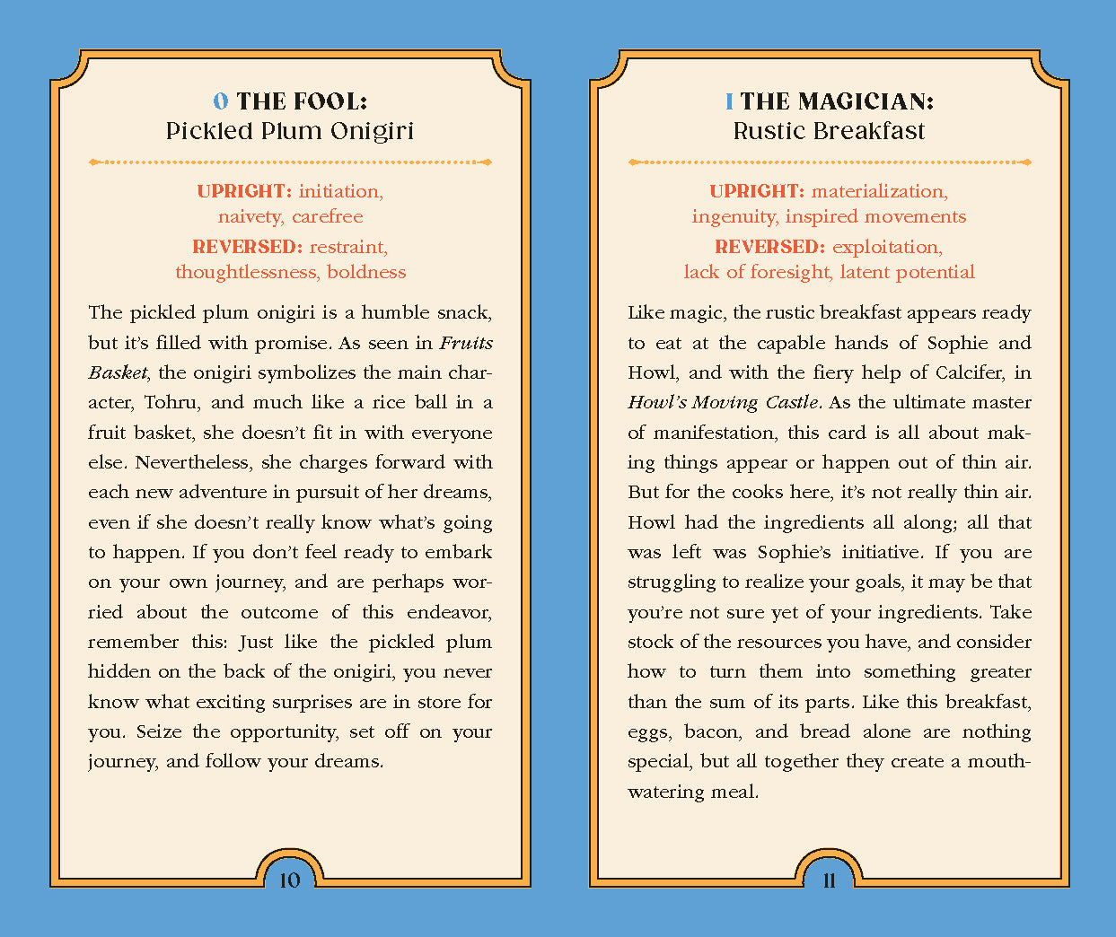 Two cards from a tarot deck with descriptions of 'The Fool' and 'The Magician'.
