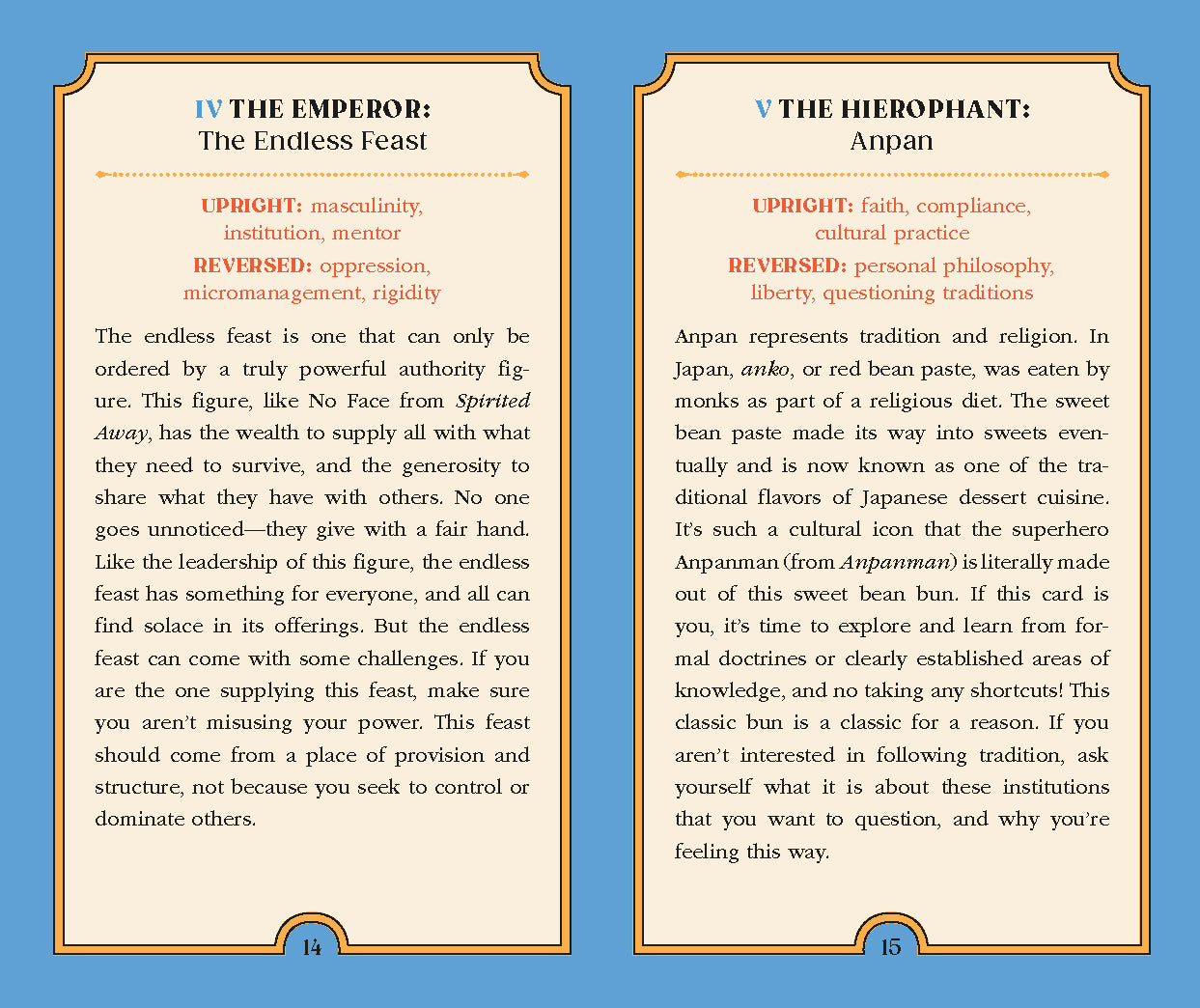Two cards from a tarot deck with text on a blue background