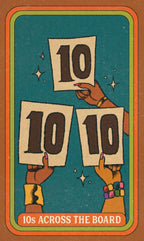 Card with hands holding cards displaying '10' against a blue background