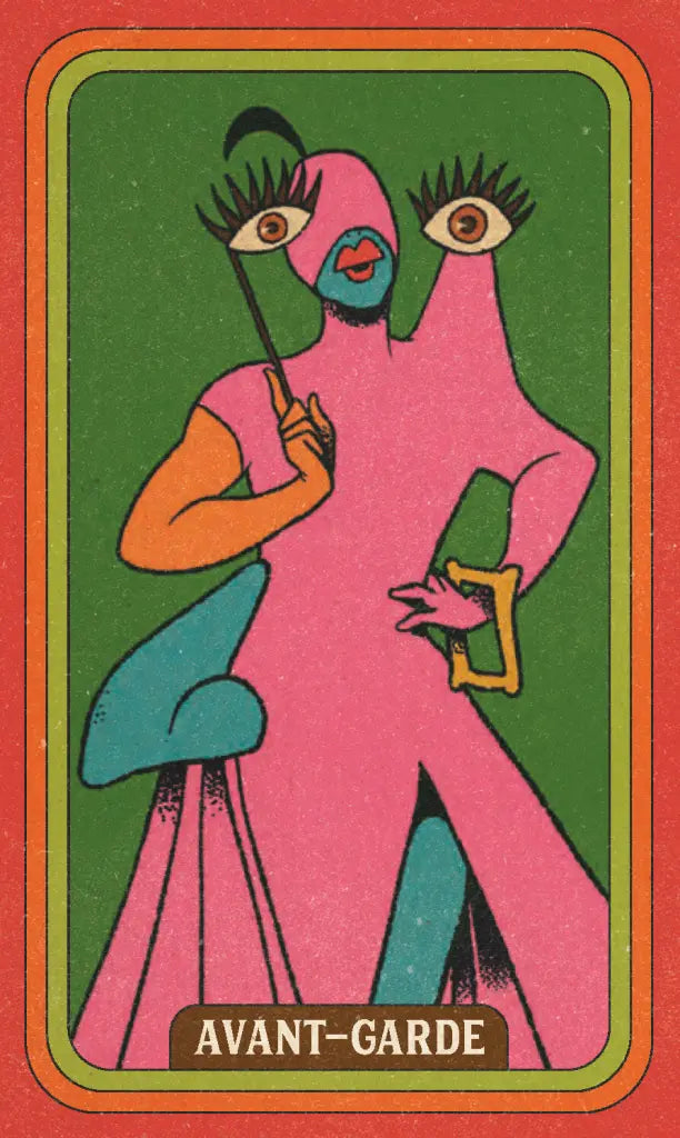 Illustration of a person in a pink outfit with a green background, labeled 'Avant-Garde'.