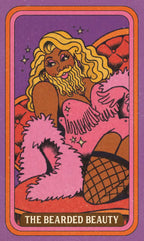 Card featuring a stylized illustration of a woman with wings and pink fur, titled 'The Bearded Beauty'.