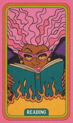 Card with a person reading a book on fire, against a pink background