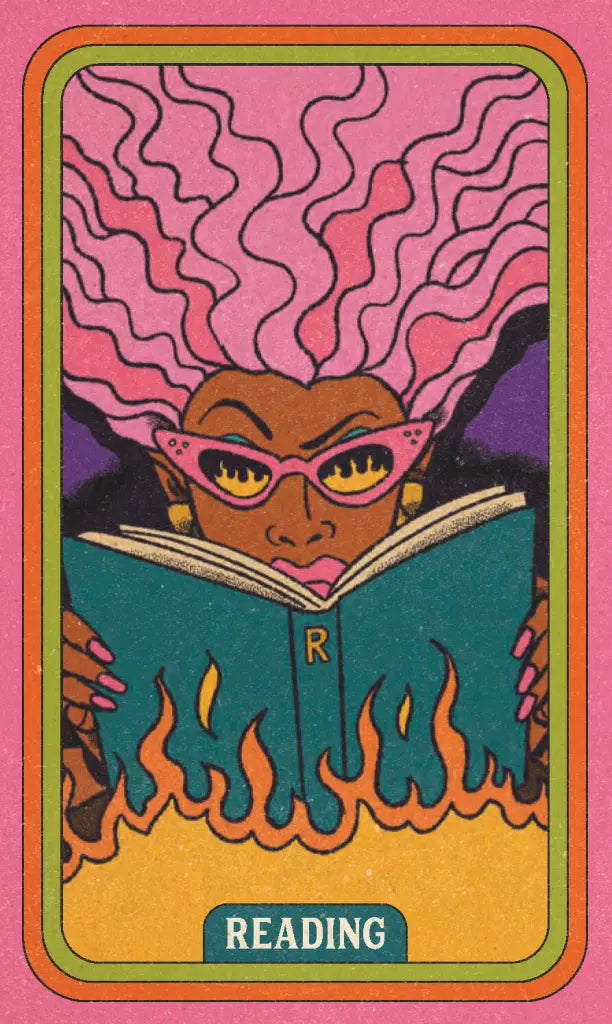 Card with a person reading a book on fire, against a pink background