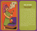 Card featuring a woman with pink hair and a green dress, performing a lip sync on a record player, with text on a purple background.