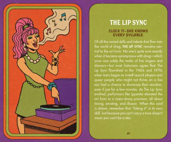 Card featuring a woman with pink hair and a green dress, performing a lip sync on a record player, with text on a purple background.