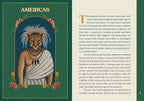 Illustration of a person in indigenous attire with a cat-like face, surrounded by text on a green border.