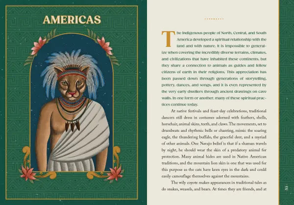 Illustration of a person in indigenous attire with a cat-like face, surrounded by text on a green border.
