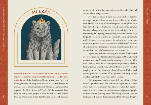 Book page with illustration of a cat and text about Muezza