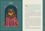 Illustration of a cat with mystical qualities on a decorative page with text.