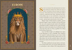 Decorative page with a lion illustration and text about Europe, featuring a decorative border.
