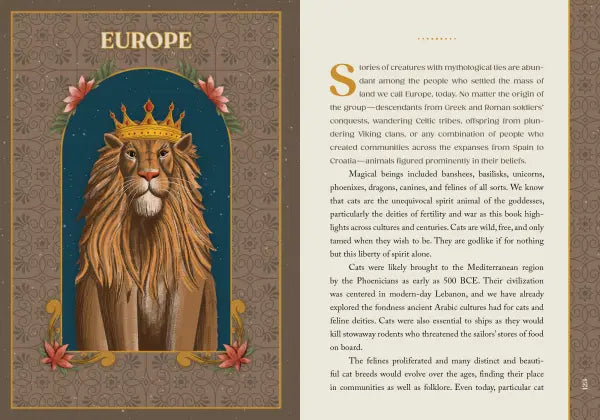 Decorative page with a lion illustration and text about Europe, featuring a decorative border.