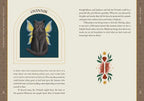 Illustration of a black cat with fairy wings on a book page with text and decorative elements.