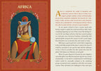 Decorative page with an illustration of a lion in regal attire and text on a red and white background.