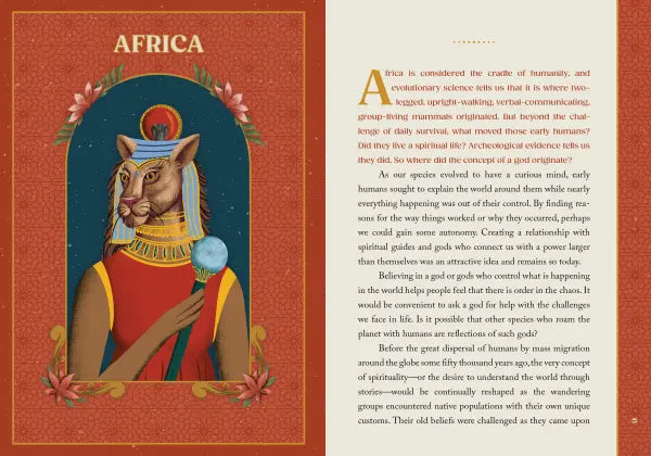 Decorative page with an illustration of a lion in regal attire and text on a red and white background.
