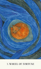 Illustration of a fox curled up in a blue swirling pattern with 'X Wheel of Fortune' text below.