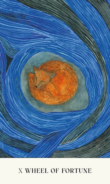 Illustration of a fox curled up in a blue swirling pattern with 'X Wheel of Fortune' text below.
