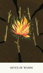 Card with a fiery design labeled 'Seven of Wands' on a dark background