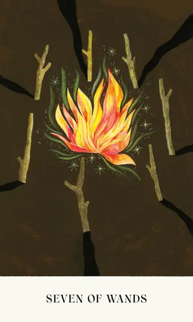 Card with a fiery design labeled 'Seven of Wands' on a dark background