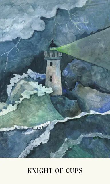 Artistic depiction of a lighthouse on an island with stormy sea and clouds, labeled 'Knight of Cups'.