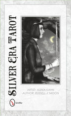 Book cover of 'Silver Era Tarot' with a black and white illustration of a woman holding a card.