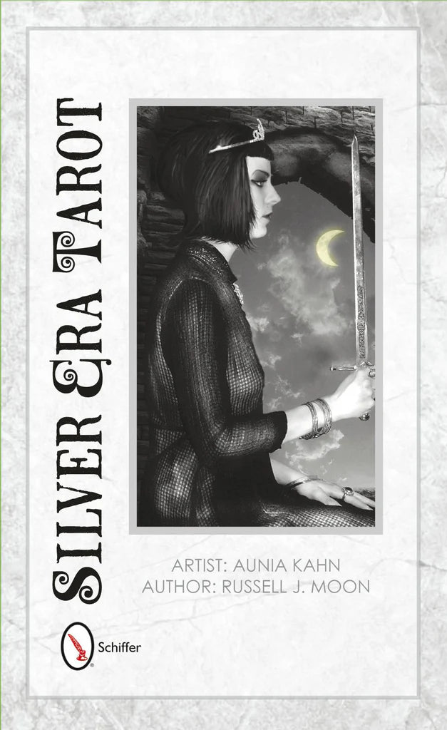 Book cover of 'Silver Era Tarot' with a black and white illustration of a woman holding a card.