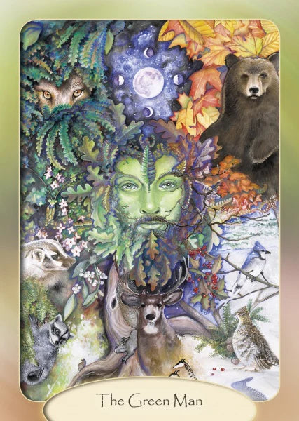 Card featuring 'The Green Man' with nature elements and animals.