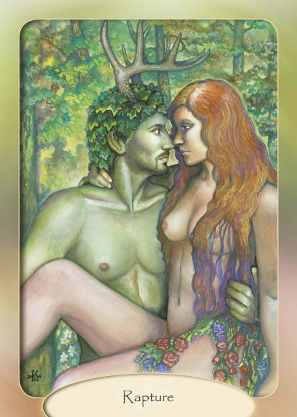 Illustration of a green-skinned man with antlers and a woman embracing each other in a forest setting, with 'Rapture' at the bottom.