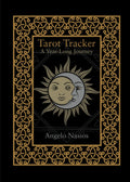Book cover for 'Tarot Tracker: A Year-Long Journey' by Angelo Nasios, featuring a black background with an ornate gold Celtic knot border and a central sun-and-moon illustration.