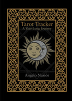 Book cover for 'Tarot Tracker: A Year-Long Journey' by Angelo Nasios, featuring a black background with an ornate gold Celtic knot border and a central sun-and-moon illustration.