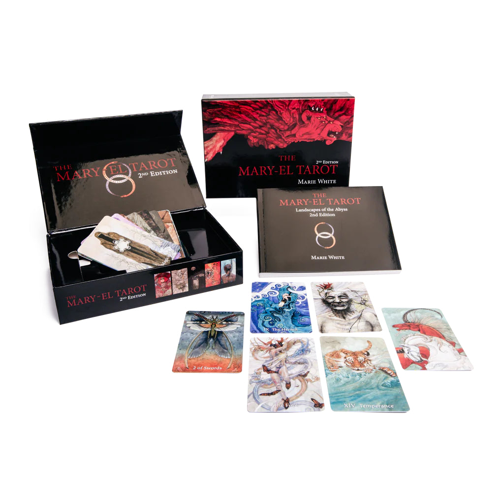 Mary El Tarot card set with tarot cards and packaging on a white background