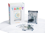 Transparent tarot cards with packaging on a white background
