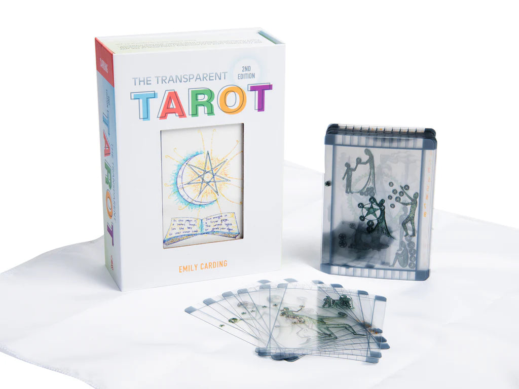 Transparent tarot cards with packaging on a white background