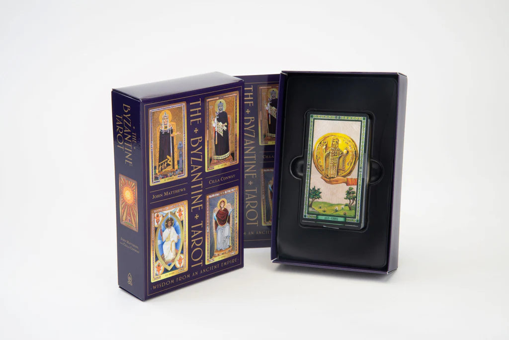 Dyzyantin Tarot cards in a purple box with a black case on a white background