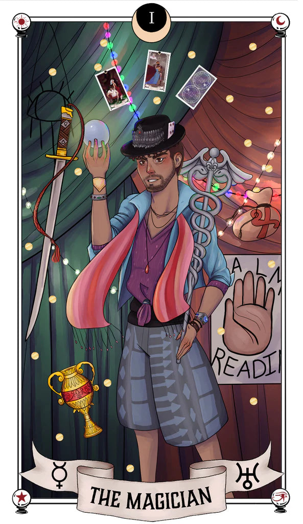 Card featuring 'The Magician' from a tarot deck with a person holding a crystal ball, surrounded by mystical elements.