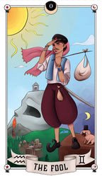Tarot card featuring a character labeled 'The Fool' with a scenic background.