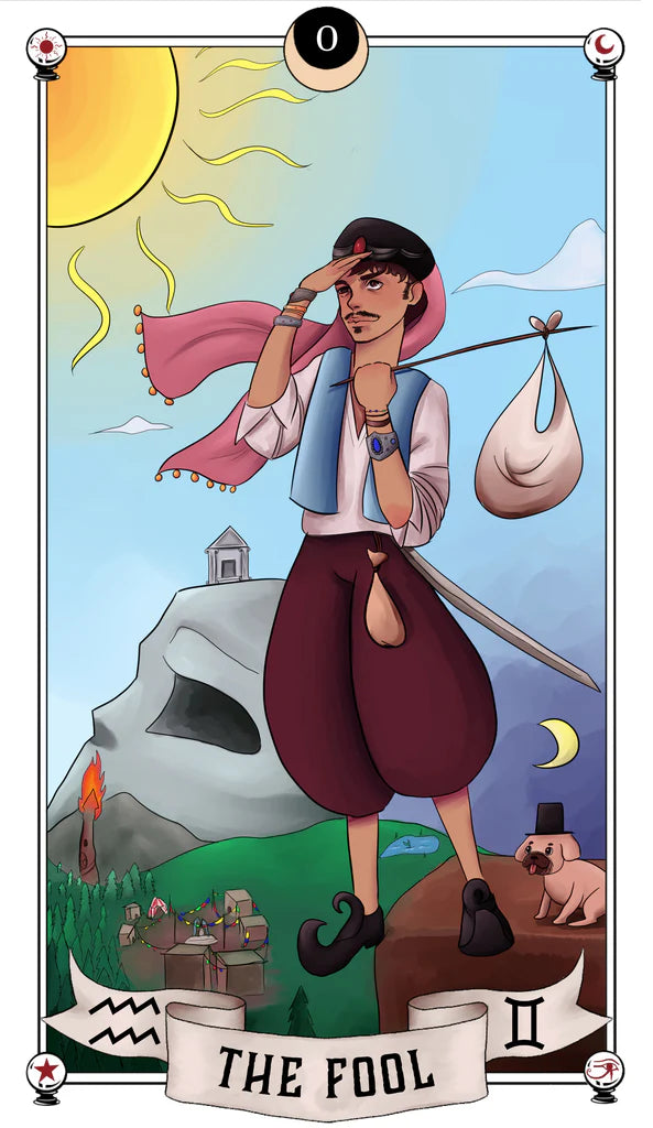Tarot card featuring a character labeled 'The Fool' with a scenic background.