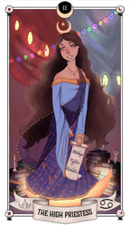 Tarot card featuring 'The High Priestess' with a woman in a blue dress holding a book.