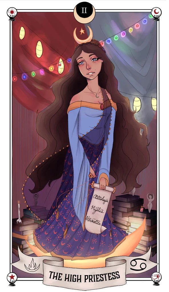 Tarot card featuring 'The High Priestess' with a woman in a blue dress holding a book.