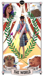 Tarot card titled 'The World' with a central figure, surrounded by nature elements and symbols.
