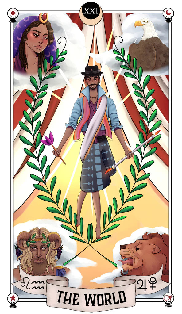 Tarot card titled 'The World' with a central figure, surrounded by nature elements and symbols.
