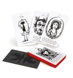 Playing cards with black and white illustrations and a red box on a white background