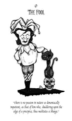 Illustration of 'The Fool' from a tarot card, featuring a jester with a cat and skull.
