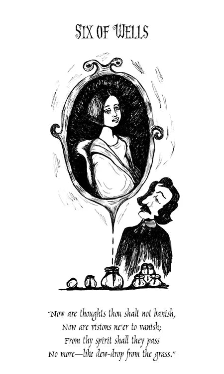 Black and white illustration of a woman's portrait and a man with a contemplative expression, framed by text and symbols.