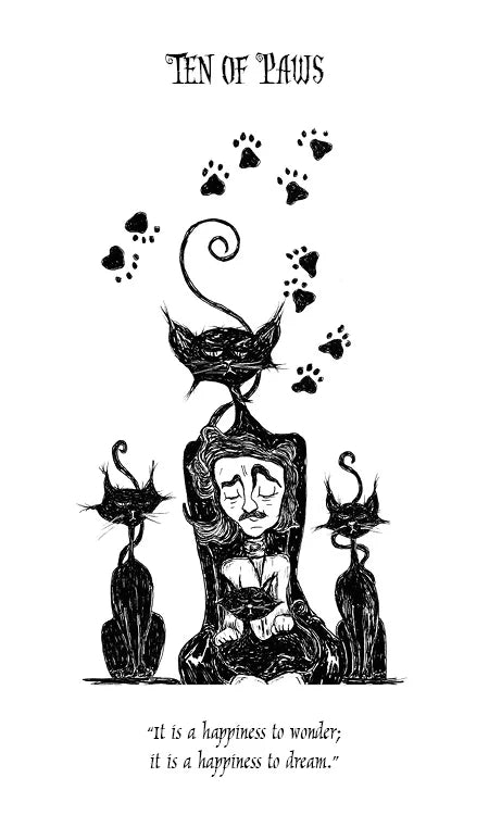 Black and white illustration of a tarot card featuring a person with cats and paw prints.