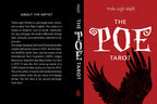 Book cover of 'The Poe Tarot' with a red background and black silhouette of a hand holding a feather.