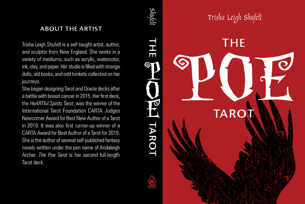 Book cover of 'The Poe Tarot' with a red background and black silhouette of a hand holding a feather.