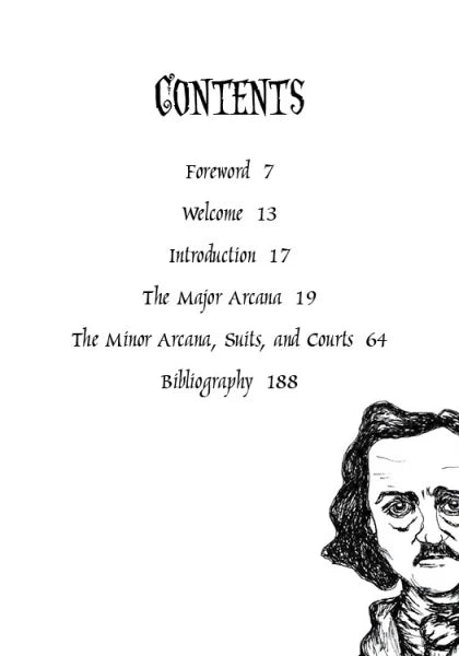 Table of contents for a book with a black and white illustration of a face on a white background